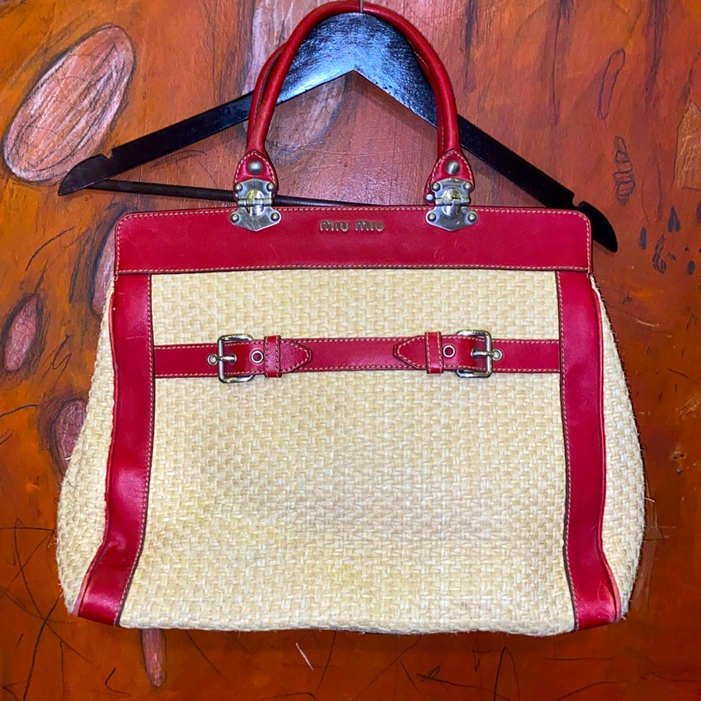 Miu Miu collection raffia and red leather tote bag